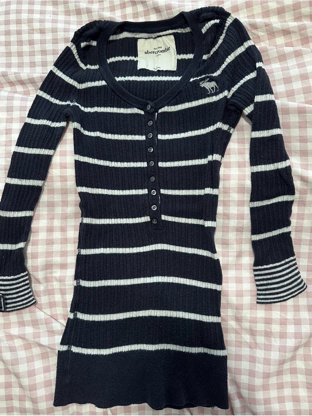 Abercrombie & Fitch Black and White Striped Ribbed Button-Front Sweater